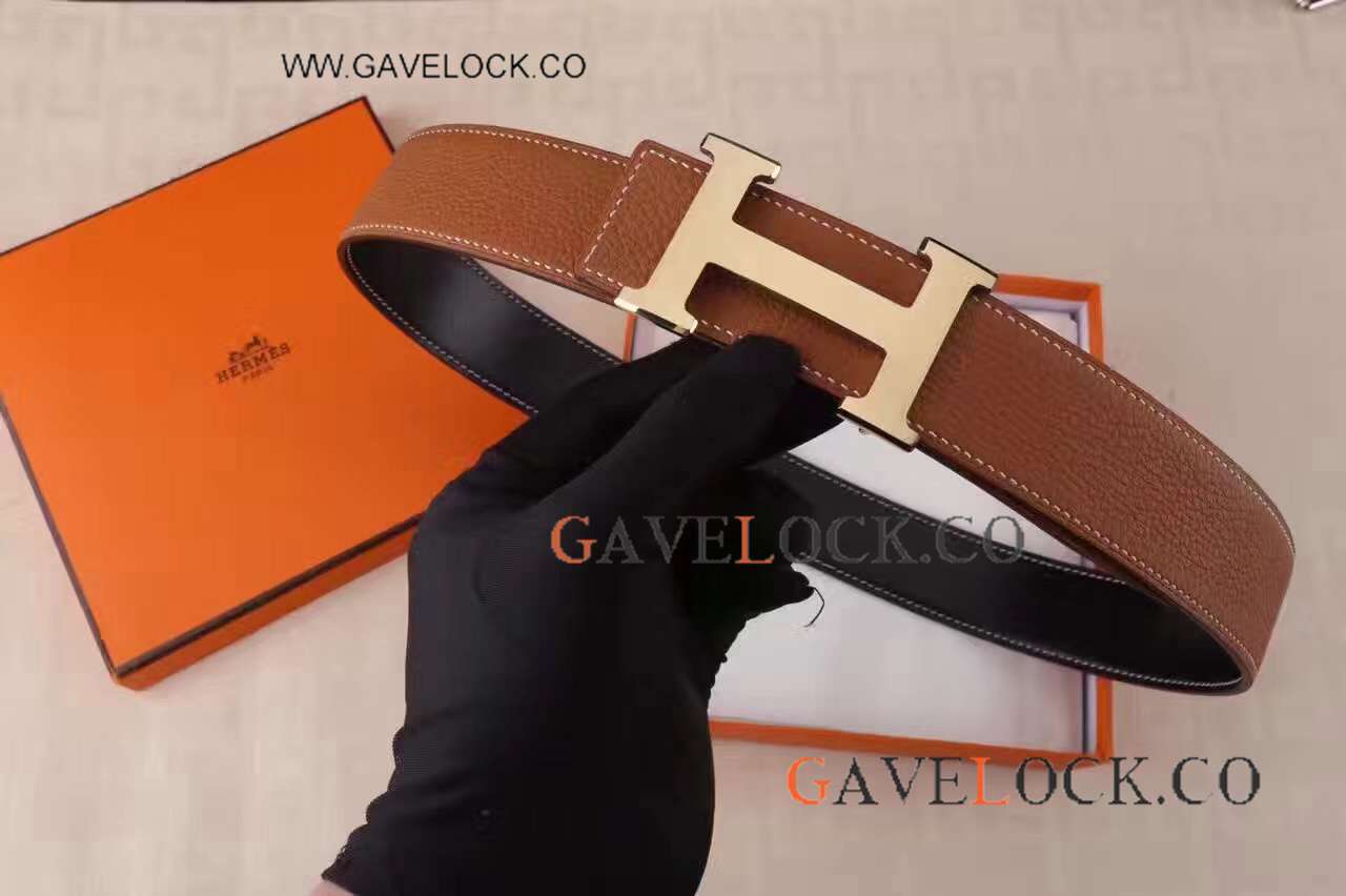 Knockoff Hermes Belt - Brown Leather With Gold H Buckle